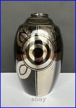 Vase Art Déco Céramique Noire Argent Motif Géométrique Fleur Design Vintage 1930