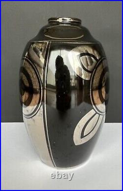 Vase Art Déco Céramique Noire Argent Motif Géométrique Fleur Design Vintage 1930