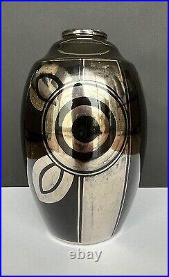 Vase Art Déco Céramique Noire Argent Motif Géométrique Fleur Design Vintage 1930