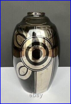 Vase Art Déco Céramique Noire Argent Motif Géométrique Fleur Design Vintage 1930