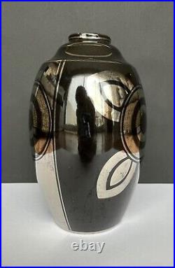 Vase Art Déco Céramique Noire Argent Motif Géométrique Fleur Design Vintage 1930