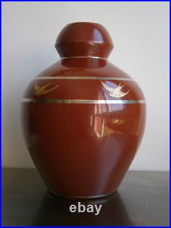 Vase Art Déco Forme ovoïde Céramique 1930 Marron Décor Argenté et Doré