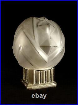 Verrerie Des Vosges Lampe Art Déco En Bronze Nickelé & Globe Verre Pressé 1930